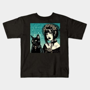 Gothic girl and her cat Kids T-Shirt